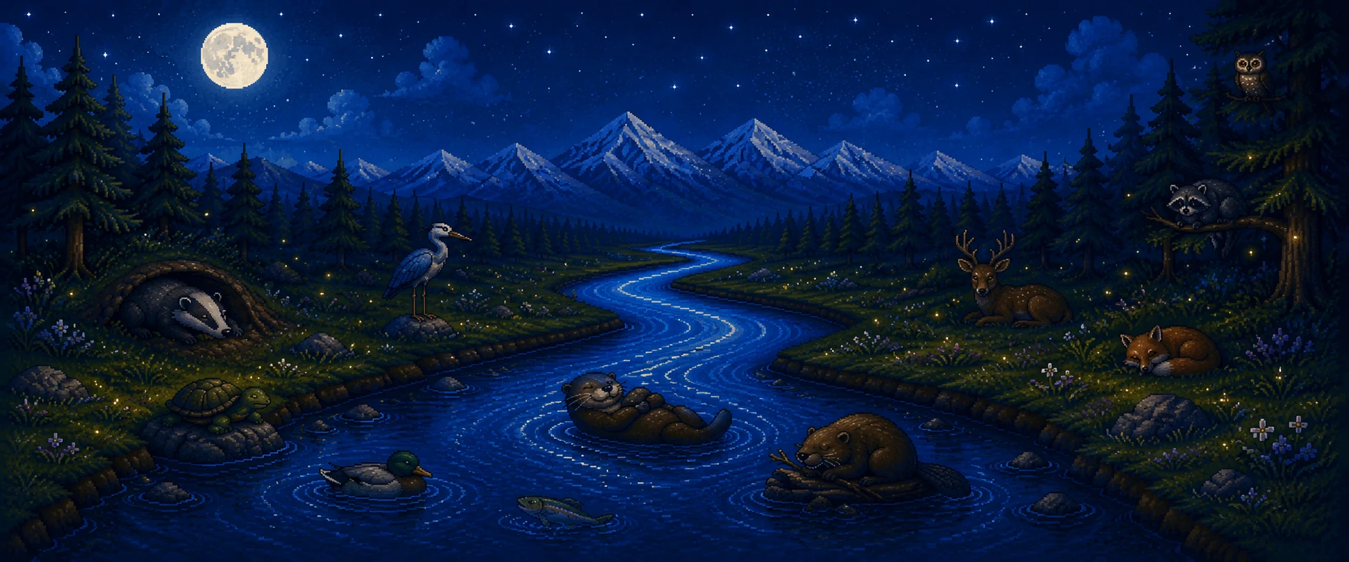 Bluebend mountain river scene by night